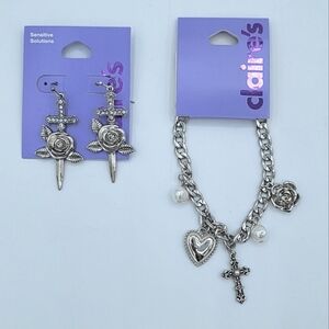 Claire's Silver Charm Necklace & Earring Set NEW #0009